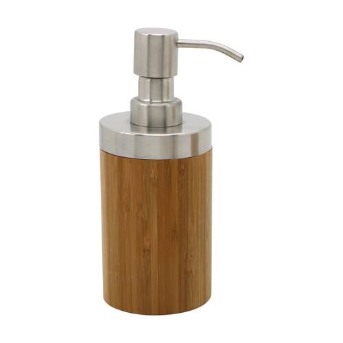 NF Living Round Dispenser 7x17cm Bamboo & Metal Pump For Bathrooms - Natural