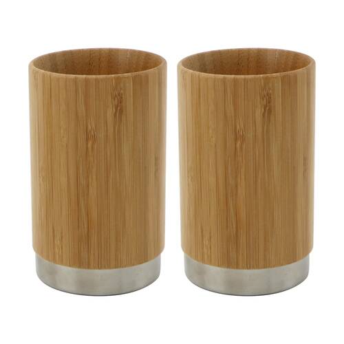 2PK NF Living Round Tumbler 7x11cm Bamboo & Metal For Bathrooms - Natural