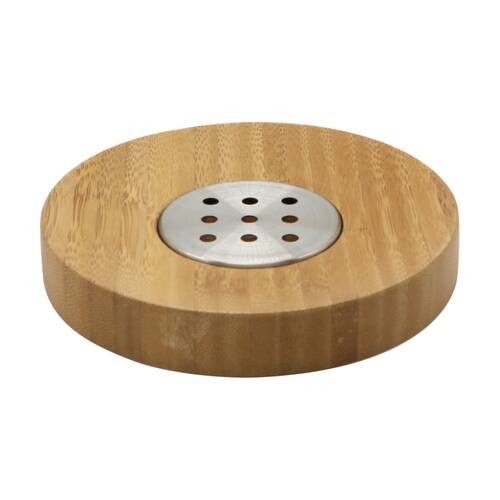 NF Living Round Soap Dish 13x2cm Bamboo & Metal For Bathrooms - Natural