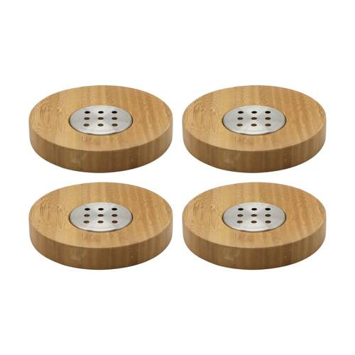 4PK NF Living Round Soap Dish 13x2cm Bamboo & Metal For Bathrooms - Natural