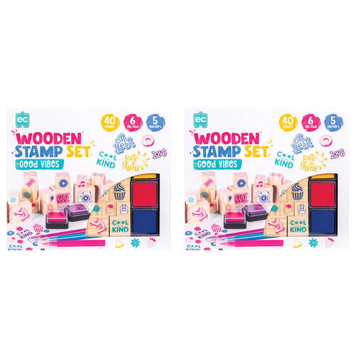 2PK Learning Can Be Fun Wooden Patterned Stamp Set Good Vibes Brown