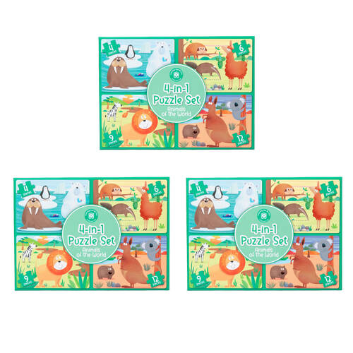 3PK Learning Can Be Fun 4-In-1 Childrens Puzzle Set Animals Of World 4-12 Pieces
