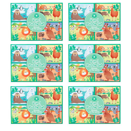 6PK Learning Can Be Fun 4-In-1 Childrens Puzzle Set Animals Of World 4-12 Pieces