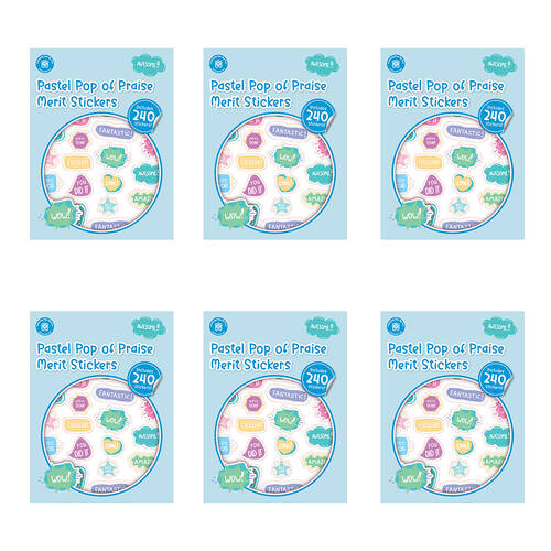6x 240pc Learning Can Be Fun Pop of Praise Pastel Merit Sticker Book Multi