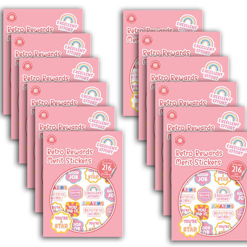 12x 216pc Learning Can Be Fun Retro Rewards Merit Sticker Book Multicoloured