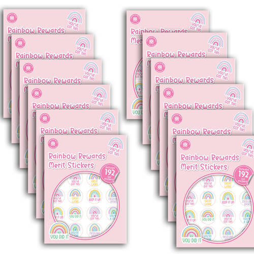 12x 192pc Learning Can Be Fun Rainbow Rewards Merit Sticker Book 28mm