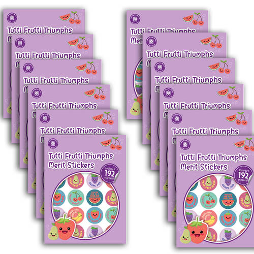 12x 192pc Learning Can Be Fun Tutti Frutti Triumphs Merit Sticker Book 28mm