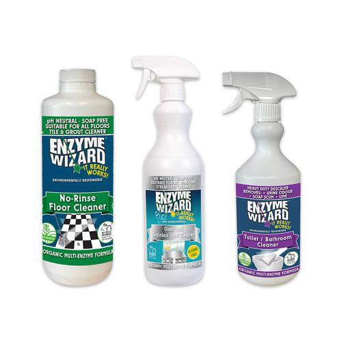 3pc Enzyme Wizard Bathroom Pack Floor 1L/Glass 750ml/Toilet Cleaner 750ml Set
