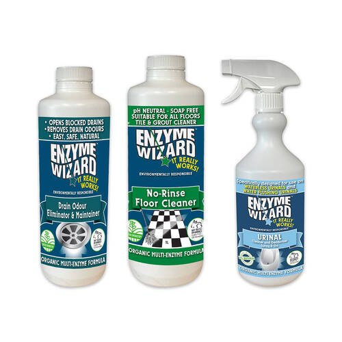 3pc Enzyme Wizard Commercial Toilets Pack Drain Odour/Floor/Urinal Cleaner Set
