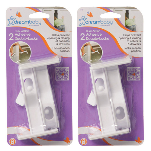 4pc Dreambaby 10cm Dual-Action Adhesive Double Lock For Drawers - White