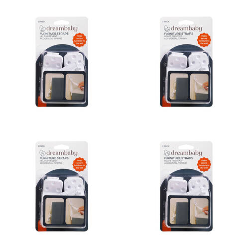 4x 2pc Dreambaby Anti Tip Safety Furniture Straps Wall Mounted - White