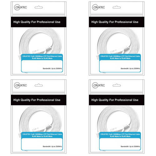 4PK Cruxtec CAT6 UTP Gold Plated RJ45 Flat Ethernet Cable 15m White