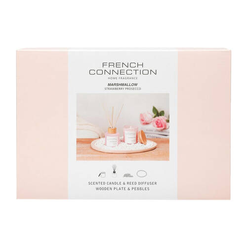 French Connection Gift Set W/ Pebbles & Plate Marshmallow Strawberry Prosecco