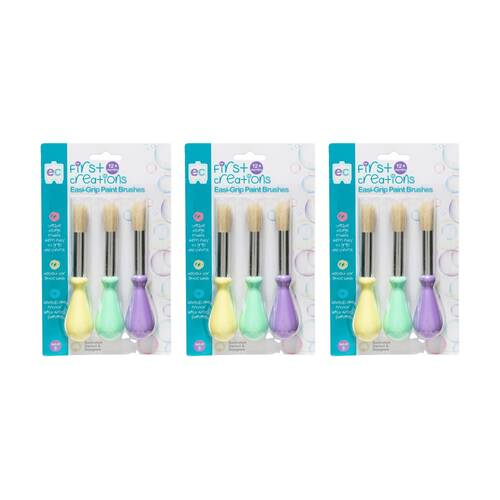3x 3pc First Creations Easi-Grip Kids Paint Brushes Ergonomic Pastel Colours 12m+