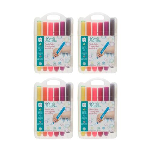 4x 12pc First Creations Easi-Grip Triangular Markers Washable w/Case 36m+