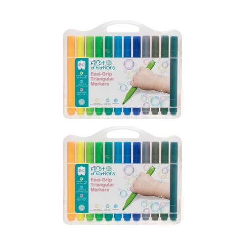 2x 24pc First Creations Easi-Grip Triangular Markers Non-Toxic w/Case Kids 36m+