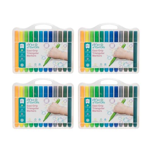 4x 24pc First Creations Easi-Grip Triangular Markers Non-Toxic w/Case Kids 36m+