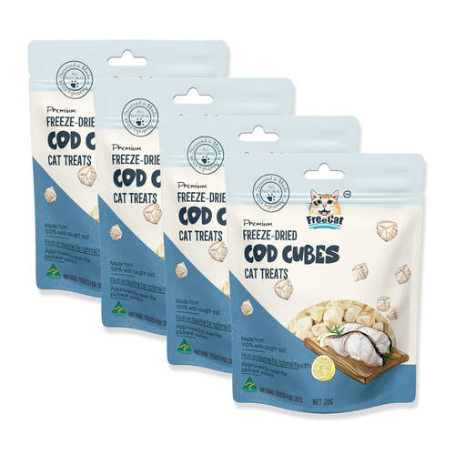 4PK Freecat Sealed Premium Freeze Dried Nutritional Cod Cubes Cat Food Treats 20g