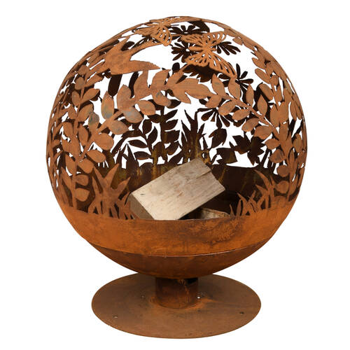 Esschert Design Fire Ball Pre-Rusted Laser Cut Flowers Outdoor Garden Brown