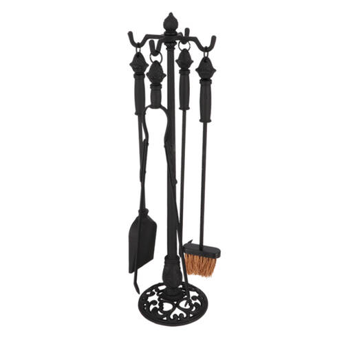 4pc Esschert Design Cast Iron Freestanding Fireplace Tool Set Black Finish