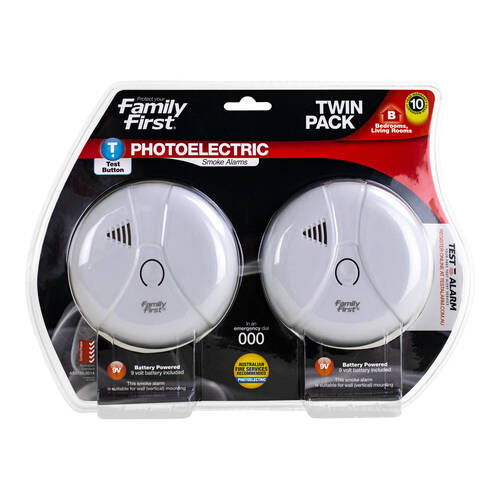 Family First Photoelectric Smoke Alarm Twin Pack Bedroom Living Room w/Test Btn