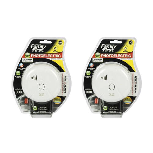 2PK Family First Photoelectric Smoke Alarm 10Yr Lithium w/ Test & Hush Btn All Rooms