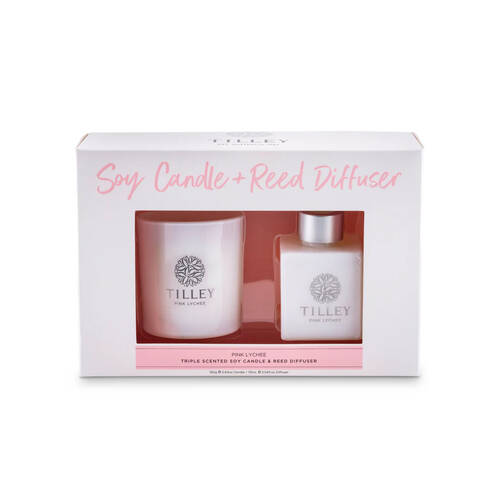 2pc Tilley Classic White Pink Lychee 160g Candle & 75mL Reed Diffuser Pack