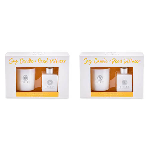 2x 2pc Tilley Classic White Tahitian Frangipani Candle & 75mL Reed Diffuser