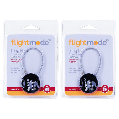 2PK Flightmode 3 Dial Long Neck Cable Combination Padlock Security Lock - Black