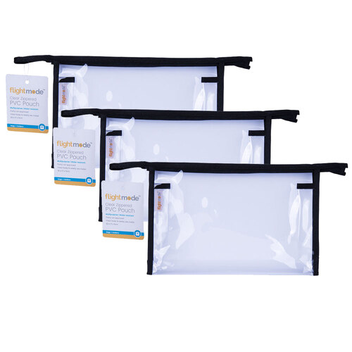 3PK Flightmode Zippered PVC 22x17cm Carry On Approved Pouch - Clear