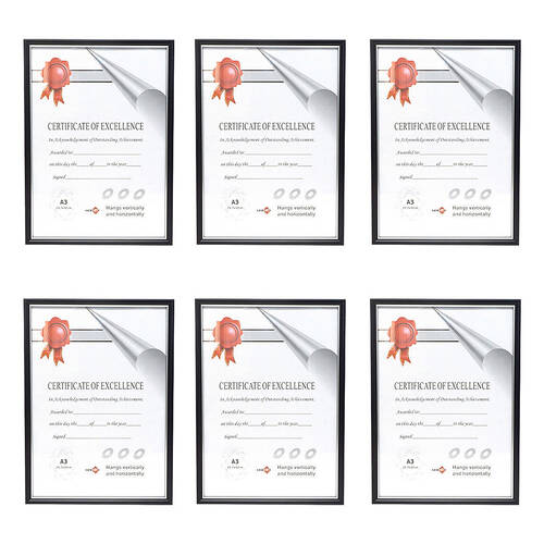6PK Unigift Certificate Glass Picture Photo Frame A3 29.7x42cm Black/Silver