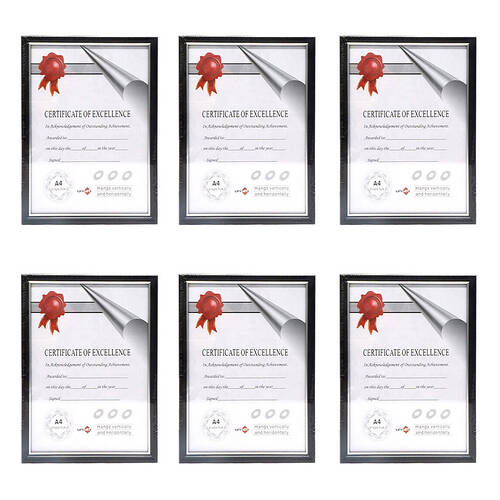 6PK Unigift Certificate Glass Picture Photo Frame A4 21x29.7cm Black/Silver