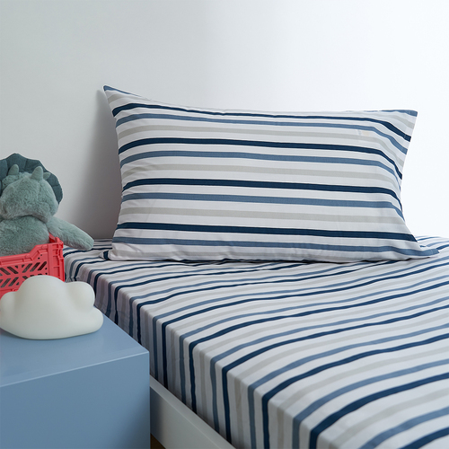 Minikins Junior Single Bed Fitted Sheet Set 180TC Cotton Rich Multi Blue Stripe