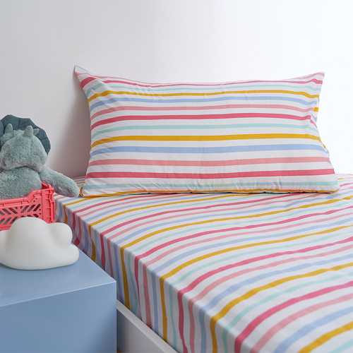 Minikins Junior Single Bed Fitted Sheet Set 180TC Cotton Rich Rainbow Stripe