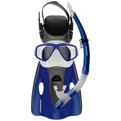 4pc Mirage Ezi-Travel Snorkelling Mask/Snorkel/Fins Set S/M Blue