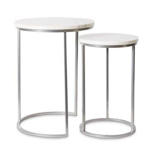 2pc E Style Zander Metal/Marble Side Table Set Round - White/Silver