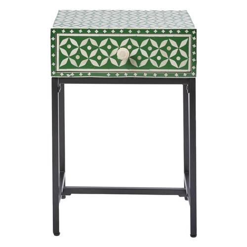 Belle Stella Bone Inlay Bedside Table w/ Drawer 45x65cm - Green