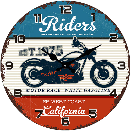 Riders Motorcycle Glass Analogue Hanging Wall Clock 30cm Round Decor