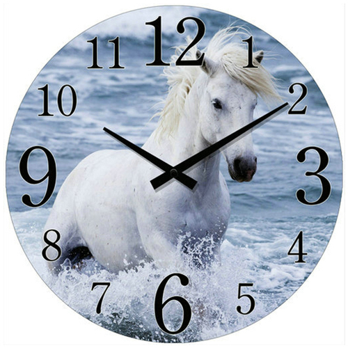 White Horse in Ocea Glass Analogue Hanging Wall Clock 30cm Round Decor