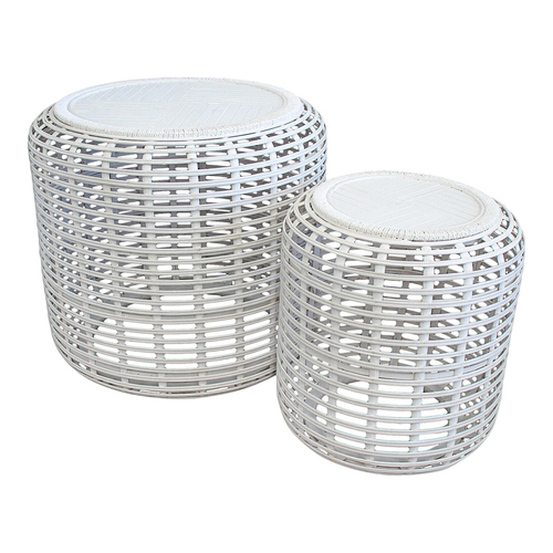 LVD 2pc Round 41/53cm Drum Table Home Decor Set - White Wash
