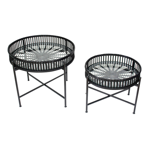 LVD 2pc Metal Glass 46/58cm Round Side Table Island Decor - Black