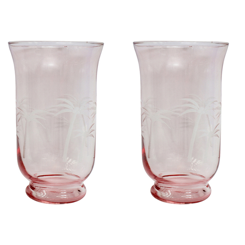 2PK LVD Glass 26cm Large Palm Pillar Candle Holder Decor - Pink