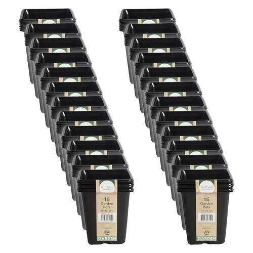 24x 6pc Antheia Plastic Square Garden Planter Pots Large Pack 11x11.5cm Black