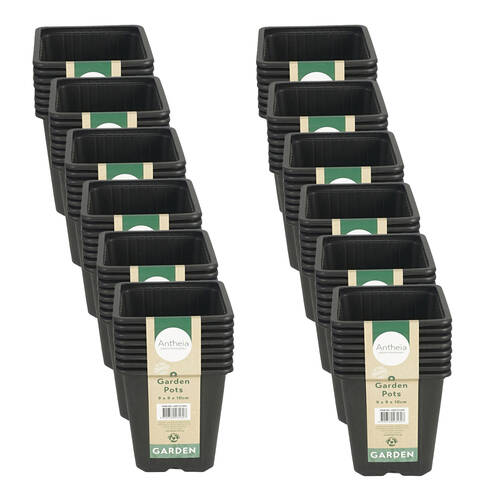 12x 8pc Antheia Plastic Square Garden Planter Pots Medium Pack 9x10cm Black