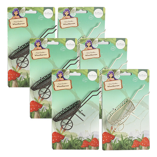 6PK Atheia Green Homewares Fairy Garden Metal Wheelbarrow Assorted