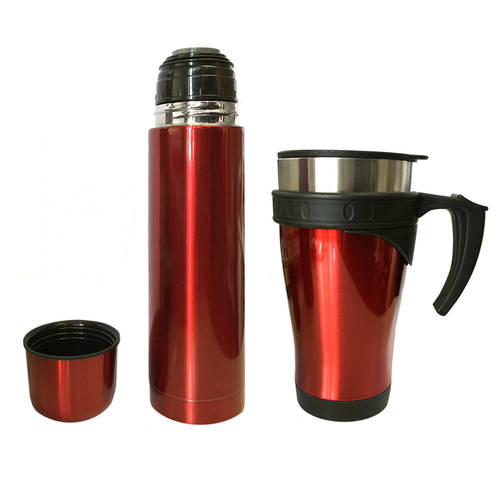 Stainless Steel Flask 450ml Mug & 500ml Bottle Set w/ Double Wall Vacuum - Red