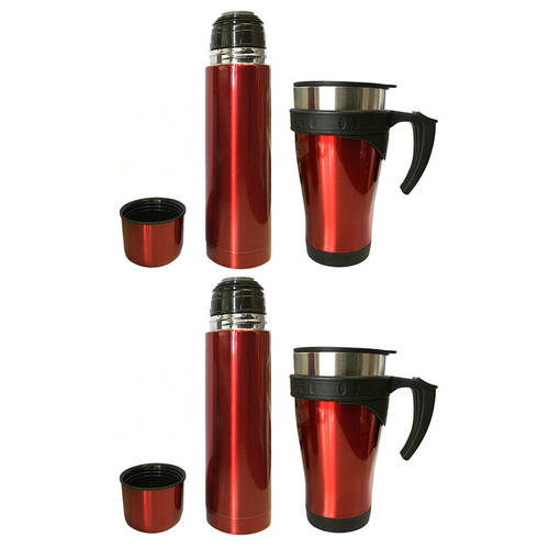 4pc Stainless Steel Flask 450ml Mug & 500ml Bottle w/ Double Wall Vacuum - Red