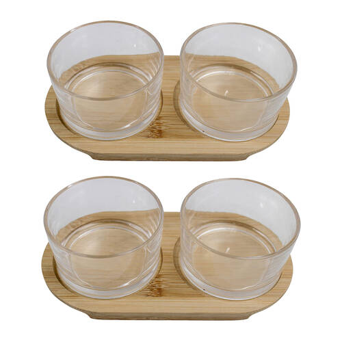 2x 2pc NF Living Glass Serving Set Bamboo Tray and Bowls 20.5x11cm Solid Clear