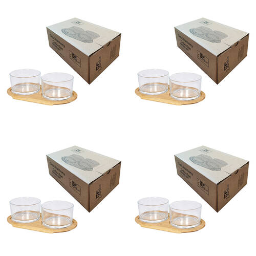 4x 2pc NF Living Glass Serving Set Bamboo Tray and Bowls 20x11cm Solid Clear
