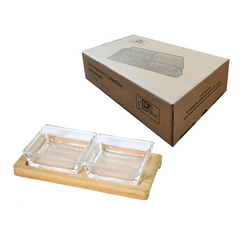 2pc NF Living Glass Serving Set Square Bowls Bamboo Tray 20cm Solid Clear
